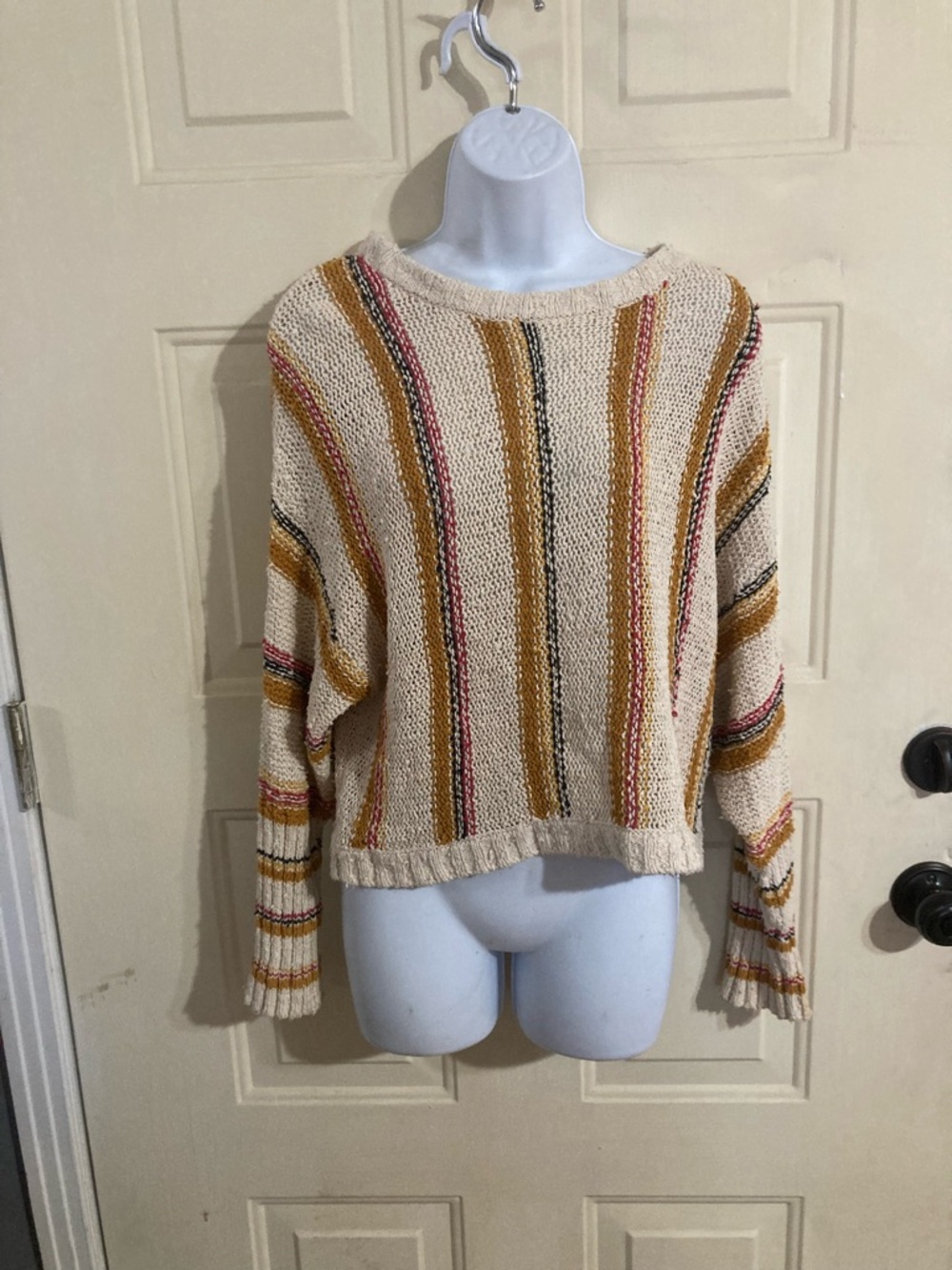Billabong Cream Sweater with Mustard and Pink Stripes